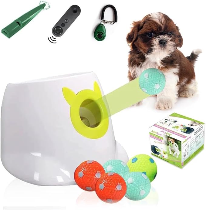 Auto Small Dog Ball Thrower for Small & Medium Dogs | Remote Control Launcher Toy with 6 Balls & Accessories – Indoor & Outdoor Use | Dual Power Options – Super White