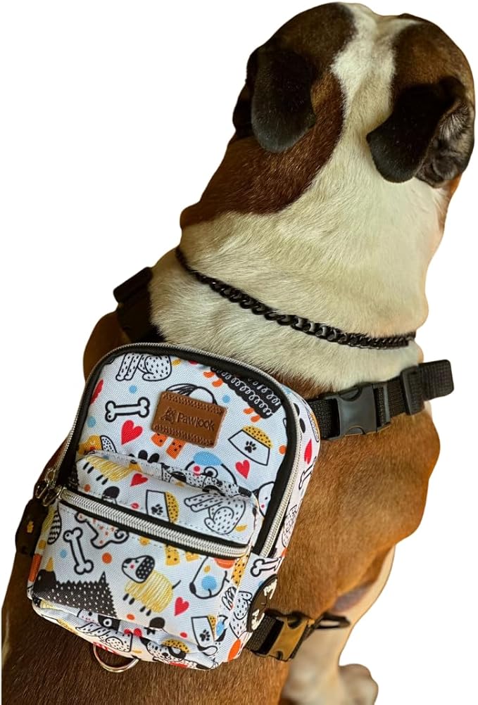 PawLook Dog Backpack to Wear with Chest Harness Self Carrier dogbag with Additional Pocket for Poop Bag Anti Slip Stylish Dog Bag for Your pet Street Smart Serie White Bone Small