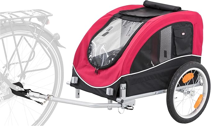 TRIXIE Medium Dog Bike Trailer - Foldable Pet Bicycle Trailer for Dogs up to 48lbs – Features Quick Fastening Wheels, 2 Doors, Safety Leash & Waterproof Carrier - 50 x 25 x 26.5in - Black/Red