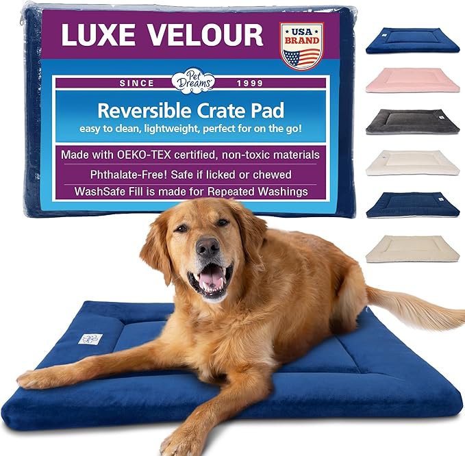 Pet Dreams Dog Crate Pad - Washable Kennel Mat, Crate Pads for Dog Cages, Non-Toxic, Flat Indoor Cat Bed, Fits iCrate 18, 24, 30, 36, 42, 48 Inches (Blue, Large, 36")